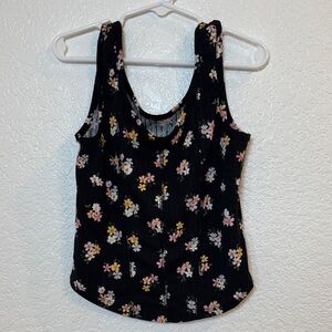 art class Black Floral Ribbed Tank Top with Pink & Yellow Blooms